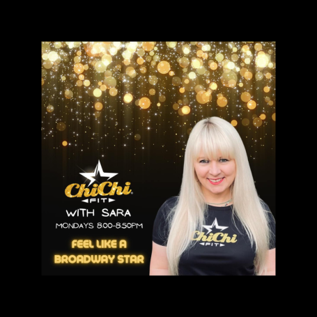 ChiChi Fit A blonde woman smiling against a glittery gold background promoting an event.